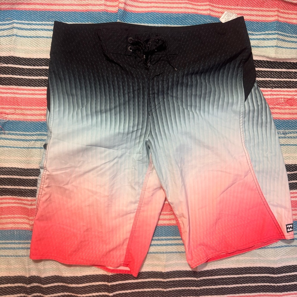 Billabong black blue and red ombre board shorts with pocket